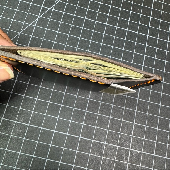 Ultra slim leather wallet minimalist card holder travel wallet -black/orange - Picture 6 of 8